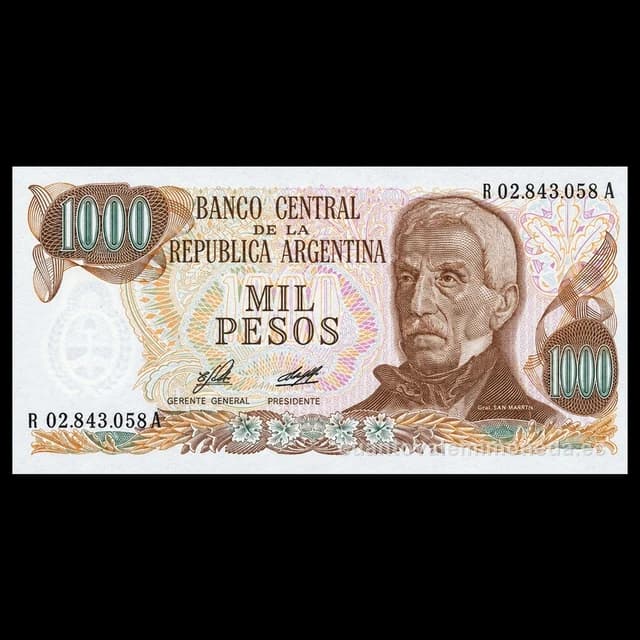 Imagen orientativa: Billete de 1000 pesos ley 18.188 1973-1983 (San Martín)