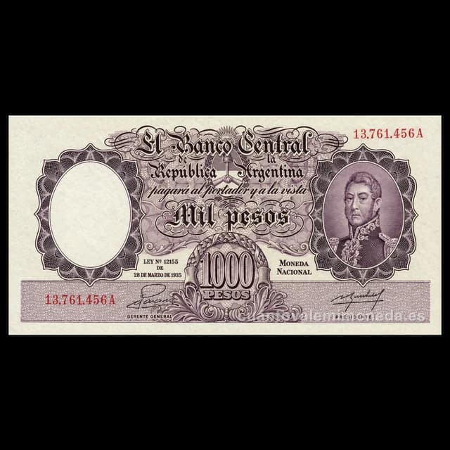 Imagen orientativa: Billete de 1000 pesos moneda nacional 1944-1966 (San Martín joven)