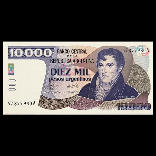 Imagen orientativa: Billete de 10.000 pesos argentinos 1985 (Belgrano)