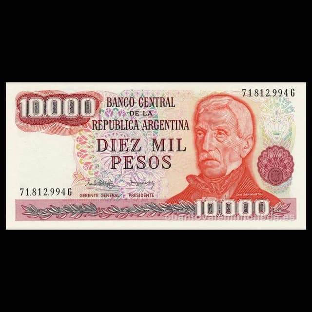 Imagen orientativa: Billete de 10.000 pesos ley 18.188 1976-1983 (San Martín)