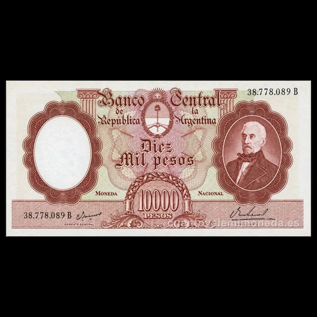 Imagen orientativa: Billete de 10.000 pesos moneda nacional 1962-1969 (San Martín anciano)