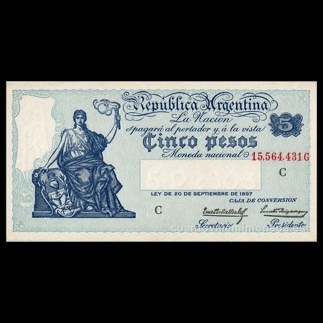 Imagen orientativa: Billete de 5 pesos Caja de Conversión (Progreso, hasta 1935)