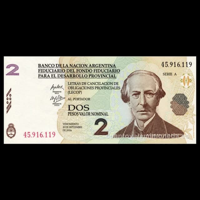 Imagen orientativa: Bono LECOP de 2 pesos 2001 (Alberdi)
