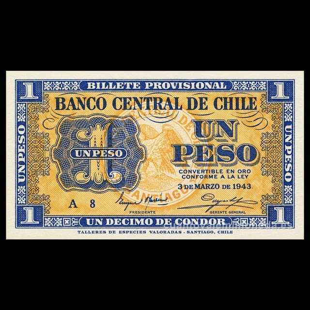 Imagen orientativa: Billete de 1 peso Chile 1932-1943 (Banco Central)