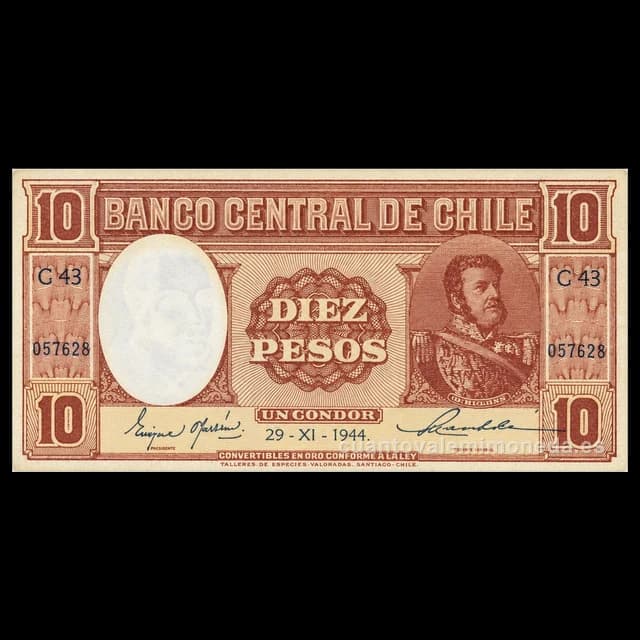 Imagen orientativa: Billete de 10 pesos Chile 1931-1958 (Manuel Bulnes)