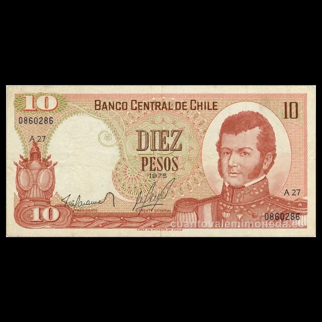 Imagen orientativa: Billete de 10 pesos Chile 1975-1976 (Bernardo O'Higgins)