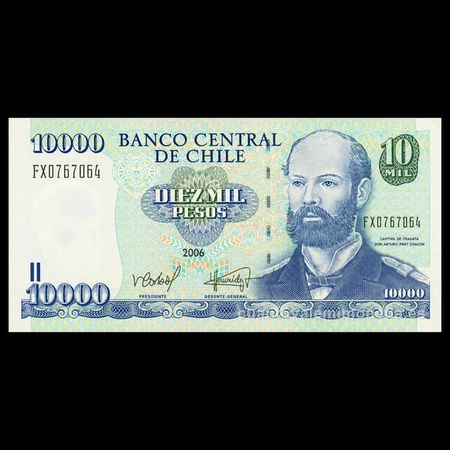 Imagen orientativa: Billete de 10.000 pesos Chile 1989-2008 de papel (Arturo Prat)