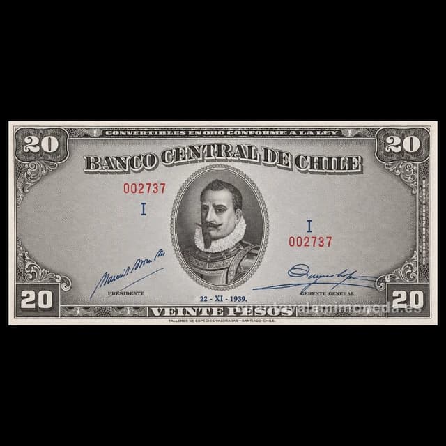 Imagen orientativa: Billete de 20 pesos Chile 1939-1947 (Pedro de Valdivia)