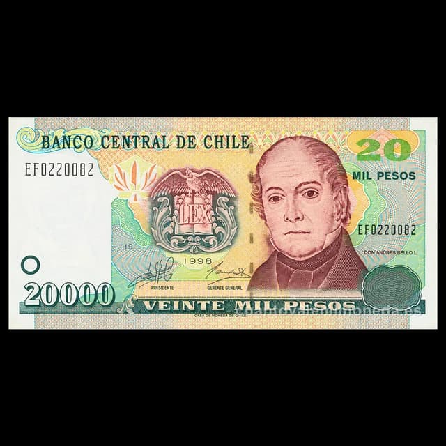 Imagen orientativa: Billete de 20.000 pesos Chile 1998-2008 de papel (Andrés Bello)