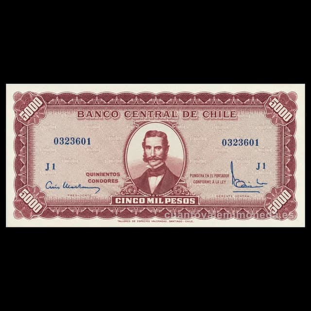 Imagen orientativa: Billete de 5 escudos Chile 1960 (resello sobre 5.000 pesos)