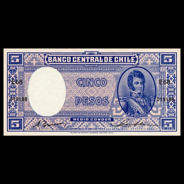 Imagen orientativa: Billete de 5 pesos Chile 1932-1958 (Bernardo O'Higgins)