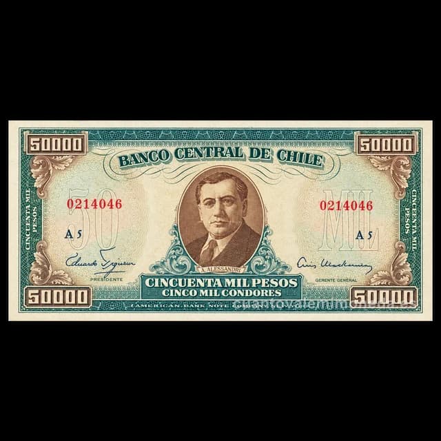 Imagen orientativa: Billete de 50 escudos Chile 1960 (resello sobre 50.000 pesos)