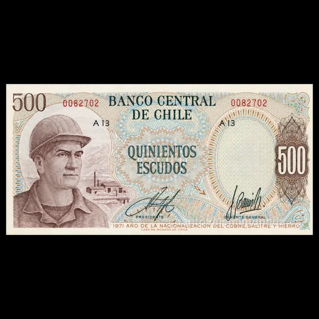 Imagen orientativa: Billete de 500 escudos Chile 1971 (minero, nacionalización del cobre)