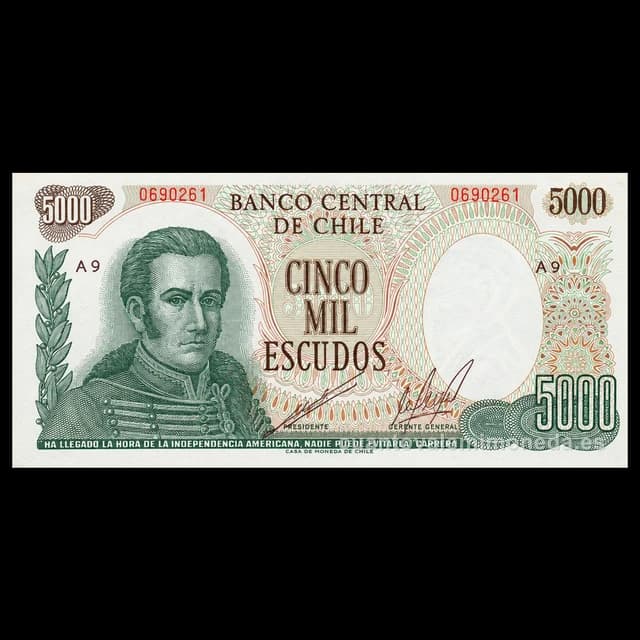 Imagen orientativa: Billete de 5.000 escudos Chile 1973 (José Miguel Carrera)