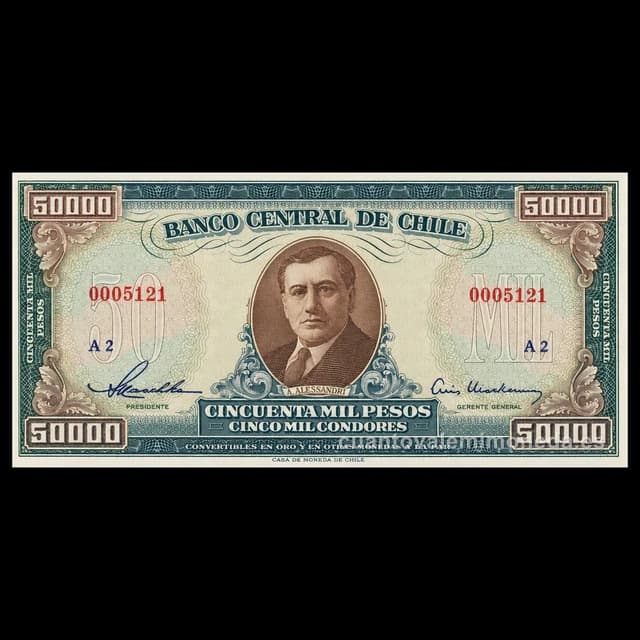 Imagen orientativa: Billete de 50.000 pesos Chile 1958 (Arturo Alessandri)