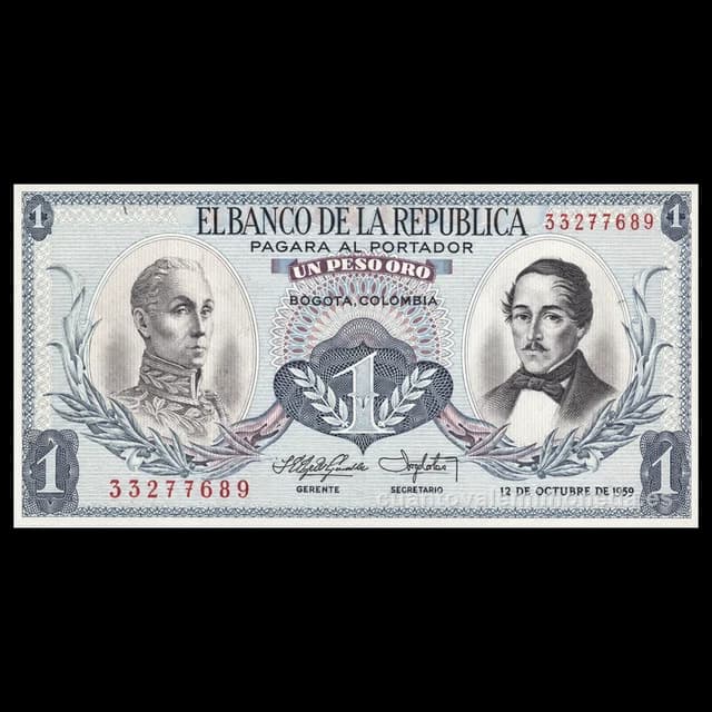 Imagen orientativa: Billete de 1 peso oro 1959-1977 (Bolívar y Santander, cóndor)