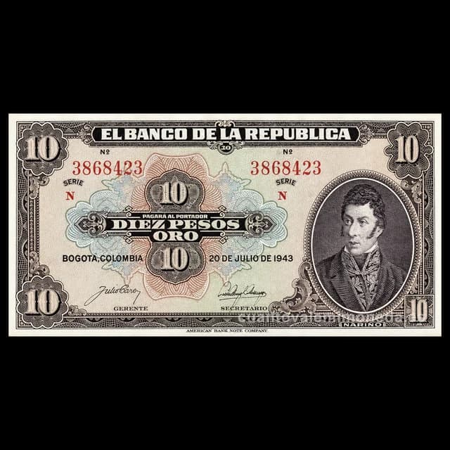 Imagen orientativa: Billete de 10 pesos oro 1941-1963 (Antonio Nariño)