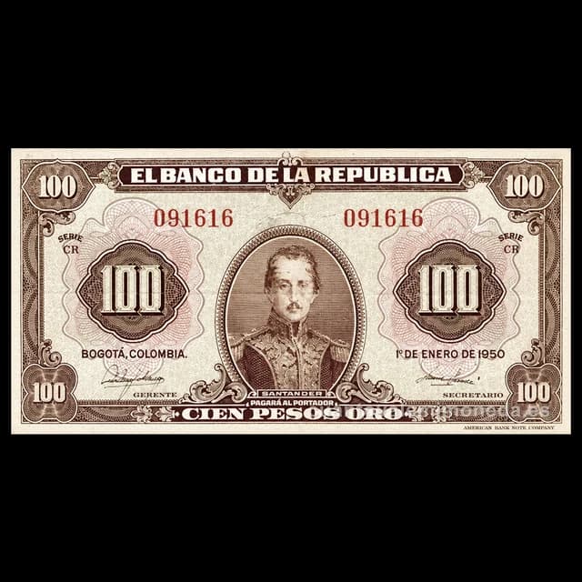 Imagen orientativa: Billete de 100 pesos oro 1944-1957 (Francisco de Paula Santander)
