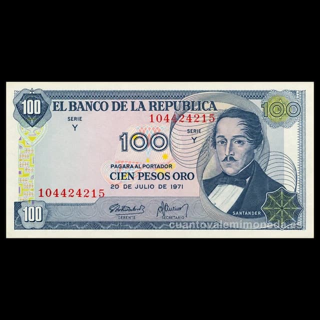 Imagen orientativa: Billete de 100 pesos oro 1968-1980 (Santander, Capitolio Nacional)
