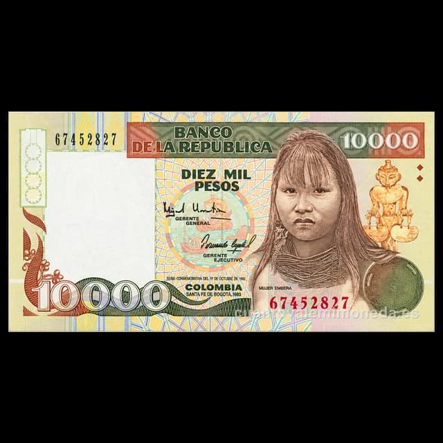 Imagen orientativa: Billete de 10.000 pesos oro 1992-1994 (mujer emberá, V Centenario)
