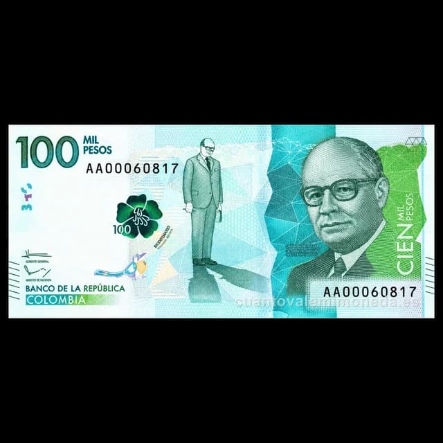 Imagen orientativa: Billete de 100.000 pesos 2016-presente (Carlos Lleras Restrepo, palma de cera)