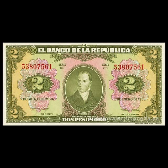 Imagen orientativa: Billete de 2 pesos oro 1942-1955 (Camilo Torres)