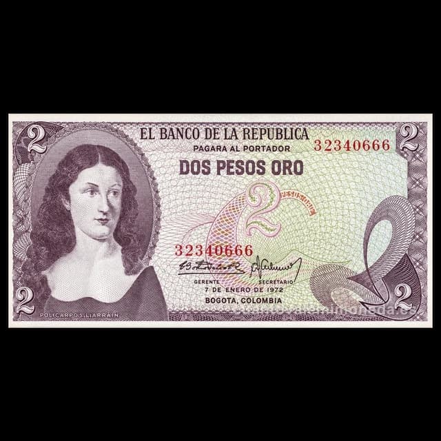 Imagen orientativa: Billete de 2 pesos oro 1972-1977 (Policarpa Salavarrieta, balsa muisca)