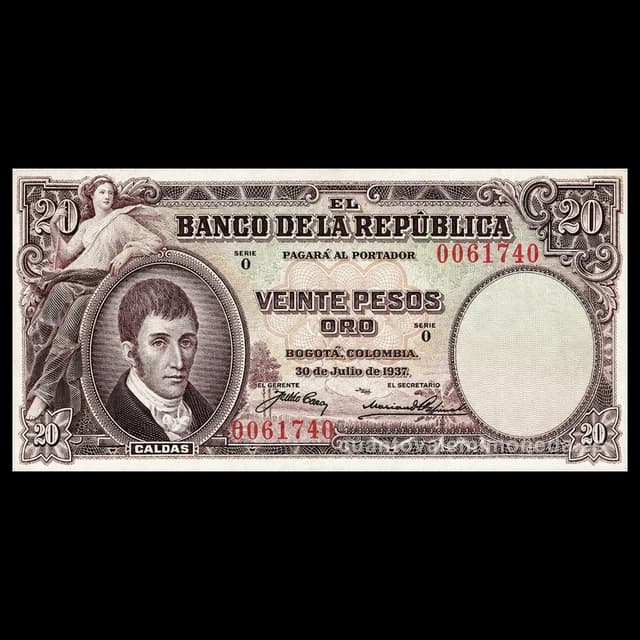 Imagen orientativa: Billete de 20 pesos oro 1927 (Francisco José de Caldas, Thomas de la Rue)