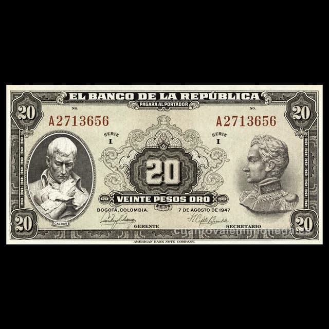Imagen orientativa: Billete de 20 pesos oro 1943-1963 (Caldas y Bolívar)