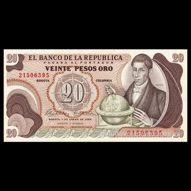 Imagen orientativa: Billete de 20 pesos oro 1966-1983 (Francisco José de Caldas, Museo del Oro)