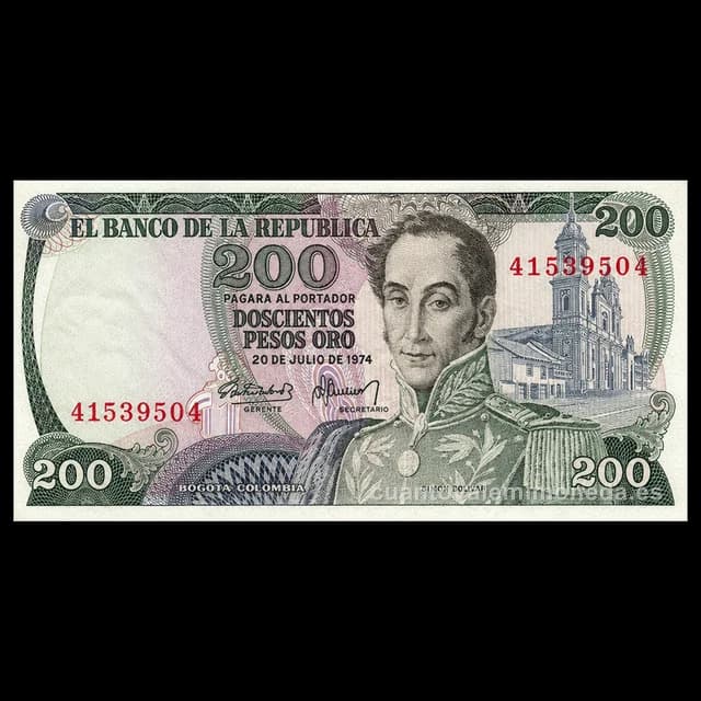 Imagen orientativa: Billete de 200 pesos oro 1974-1982 (Simón Bolívar, recolección de café)
