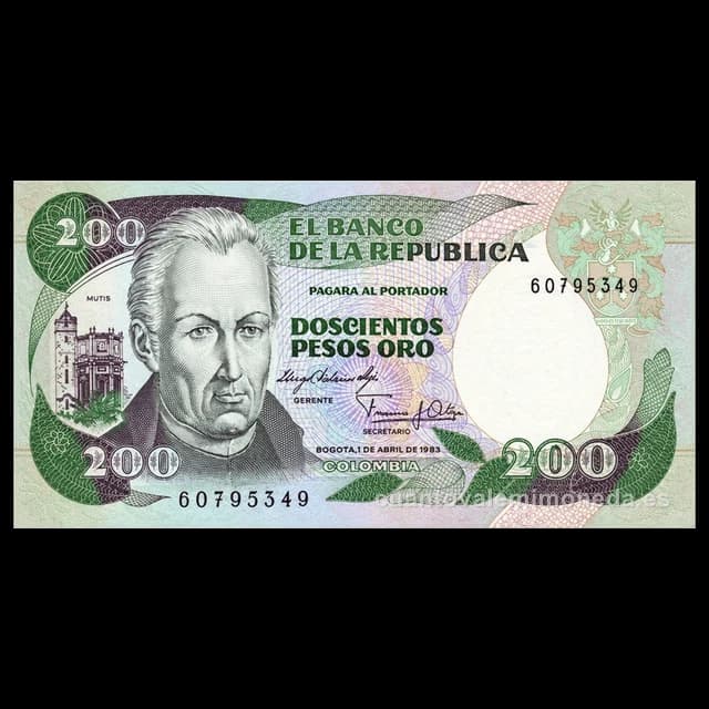 Imagen orientativa: Billete de 200 pesos oro 1983-1992 (José Celestino Mutis)