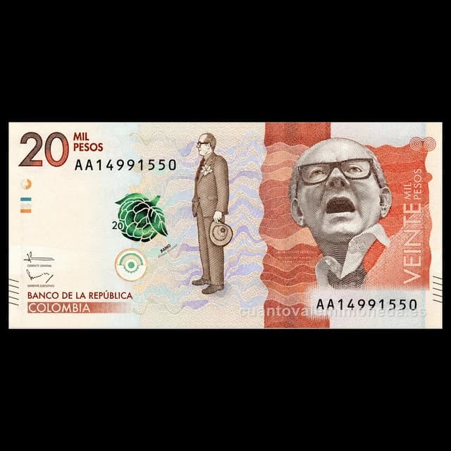 Imagen orientativa: Billete de 20.000 pesos 2016-presente (Alfonso López Michelsen, sombrero vueltiao)