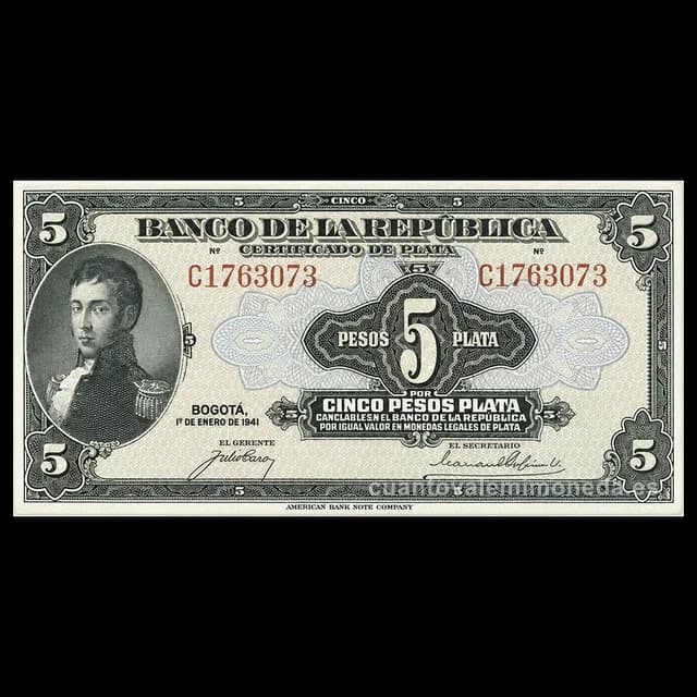 Imagen orientativa: Billete de 5 pesos plata 1941 (Antonio Nariño), certificado de plata
