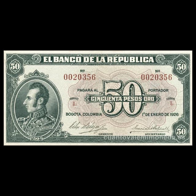 Imagen orientativa: Billete de 50 pesos oro 1926-1928 (Antonio José de Sucre)