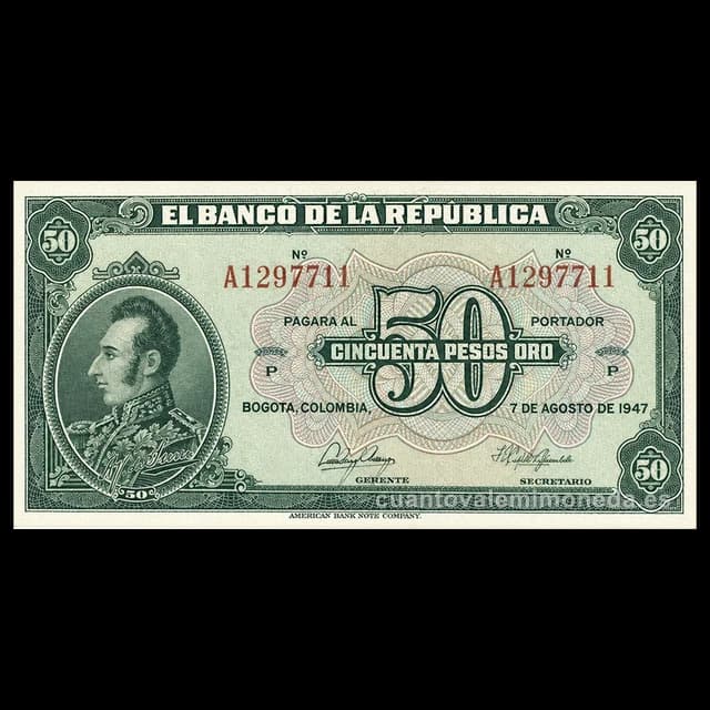 Imagen orientativa: Billete de 50 pesos oro 1944-1958 (Antonio José de Sucre)