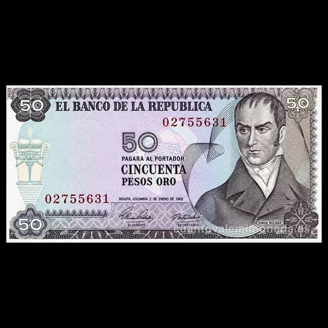 Imagen orientativa: Billete de 50 pesos oro 1969-1986 (Camilo Torres, orquídeas)