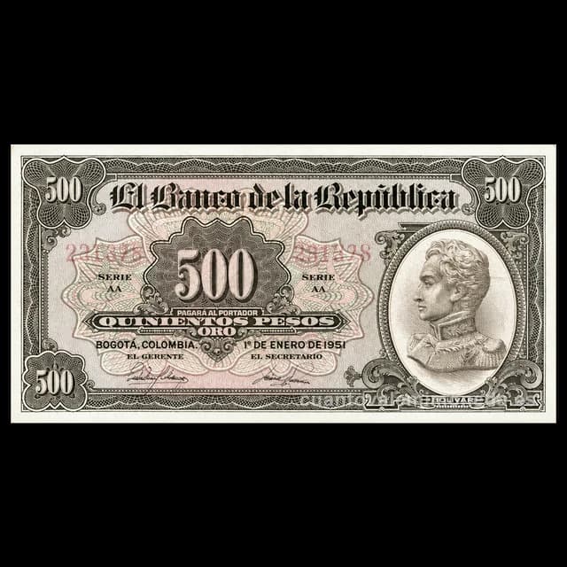 Imagen orientativa: Billete de 500 pesos oro 1942-1953 (Simón Bolívar)