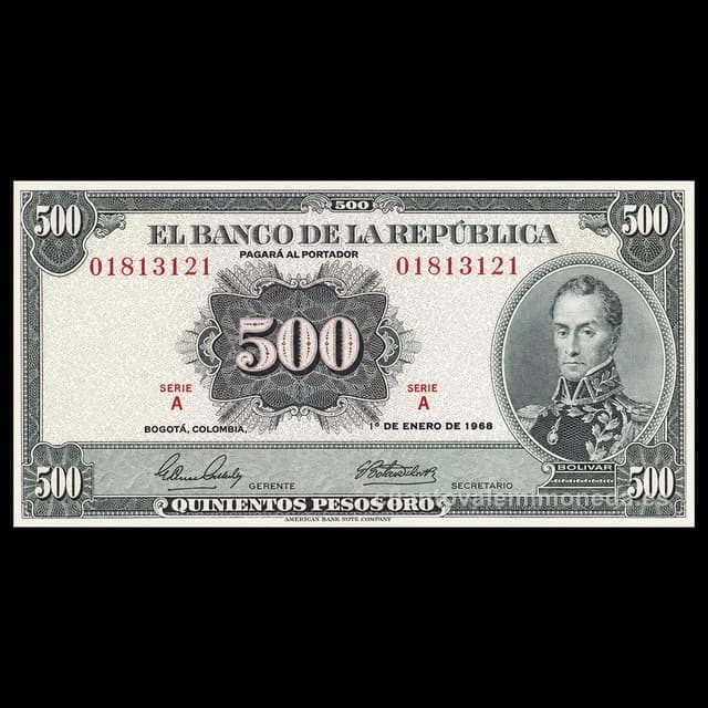 Imagen orientativa: Billete de 500 pesos oro 1964-1973 (Simón Bolívar)
