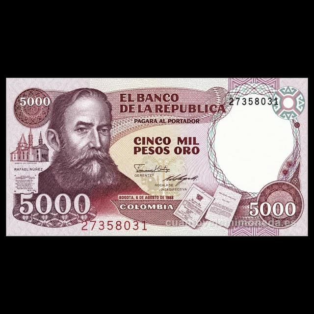 Imagen orientativa: Billete de 5.000 pesos oro 1986-1995 (Rafael Núñez)