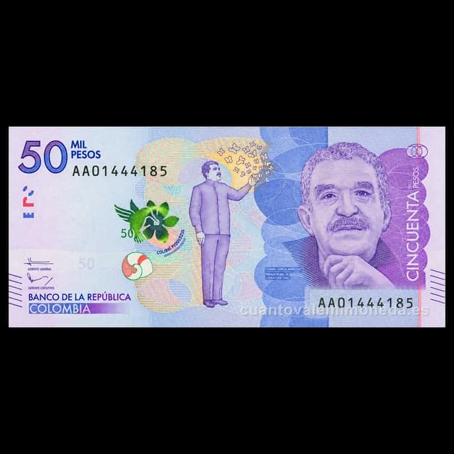 Imagen orientativa: Billete de 50.000 pesos 2016-presente (Gabriel García Márquez, Ciudad Perdida)