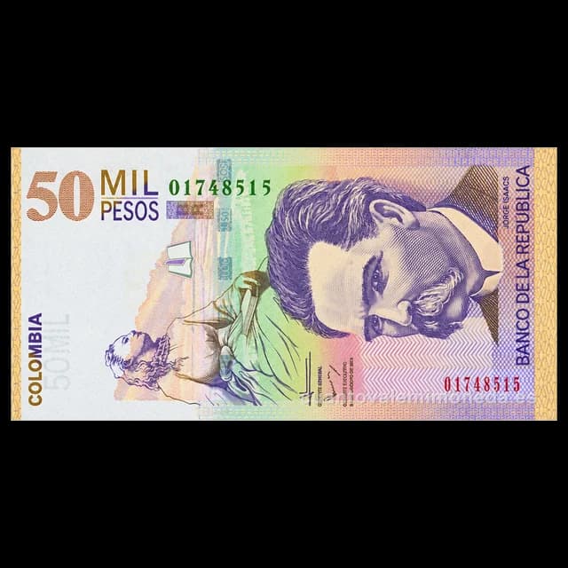 Imagen orientativa: Billete de 50.000 pesos 2000-2015 (Jorge Isaacs, «María»)