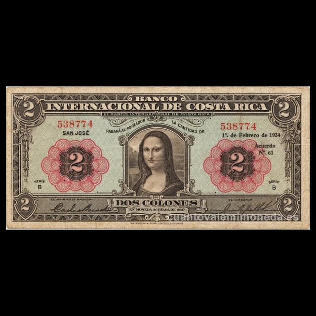 Imagen orientativa: Billete de 2 colones Costa Rica 1931-1936 «de la Mona Lisa» (Banco Internacional de Costa Rica)