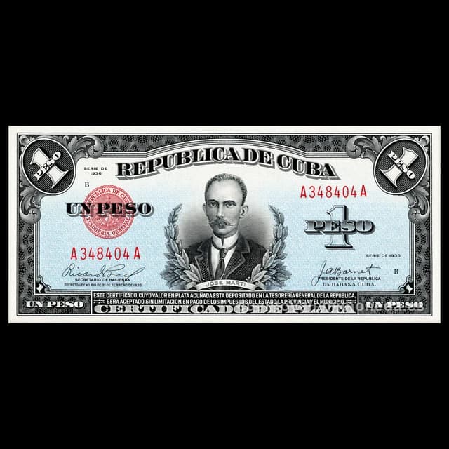 Imagen orientativa: Billete de 1 peso Cuba 1934-1949, certificado de plata (José Martí)