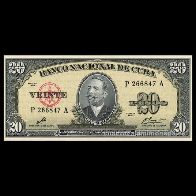 Imagen orientativa: Billete de 20 pesos Cuba 1960 firmado por el «Che» Guevara (Antonio Maceo)