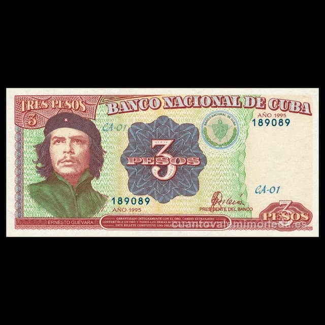 Imagen orientativa: Billete de 3 pesos Cuba 1983-hoy con el retrato del Che Guevara