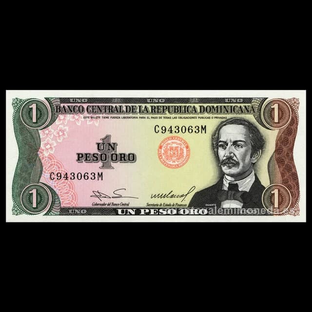 Imagen orientativa: Billete de 1 peso oro República Dominicana 1984-1988 (Juan Pablo Duarte)