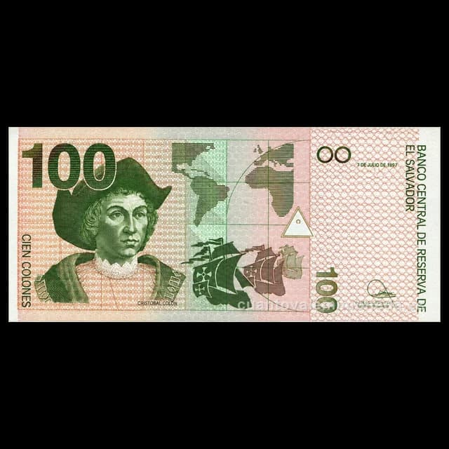 Imagen orientativa: Billete de 100 colones El Salvador 1997 (Colón y la pirámide de Tazumal)