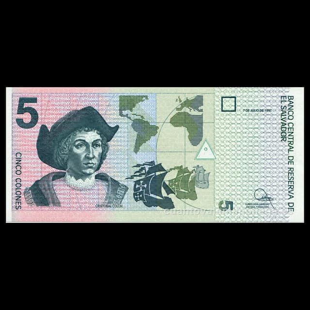 Imagen orientativa: Billete de 5 colones El Salvador 1997-1999 (Colón y el Palacio Nacional)