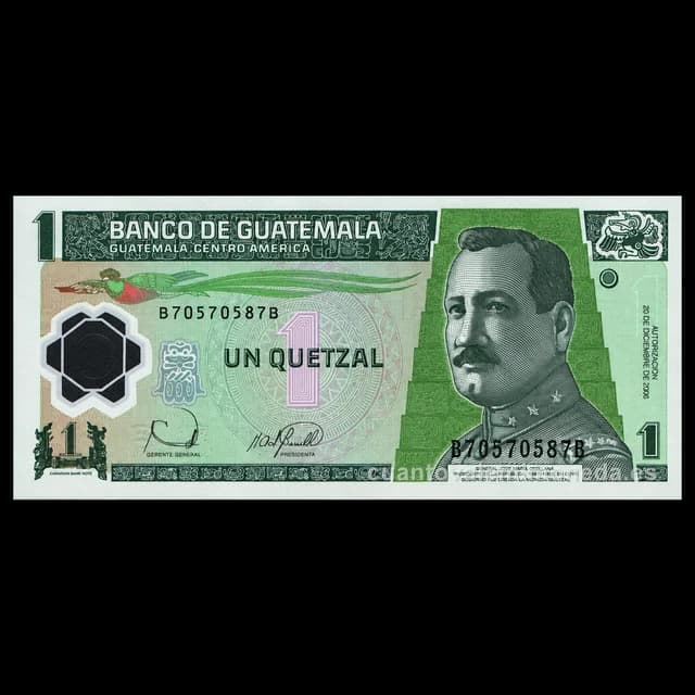 Imagen orientativa: Billete de 1 quetzal Guatemala 2006-2012 de polímero (General Orellana)